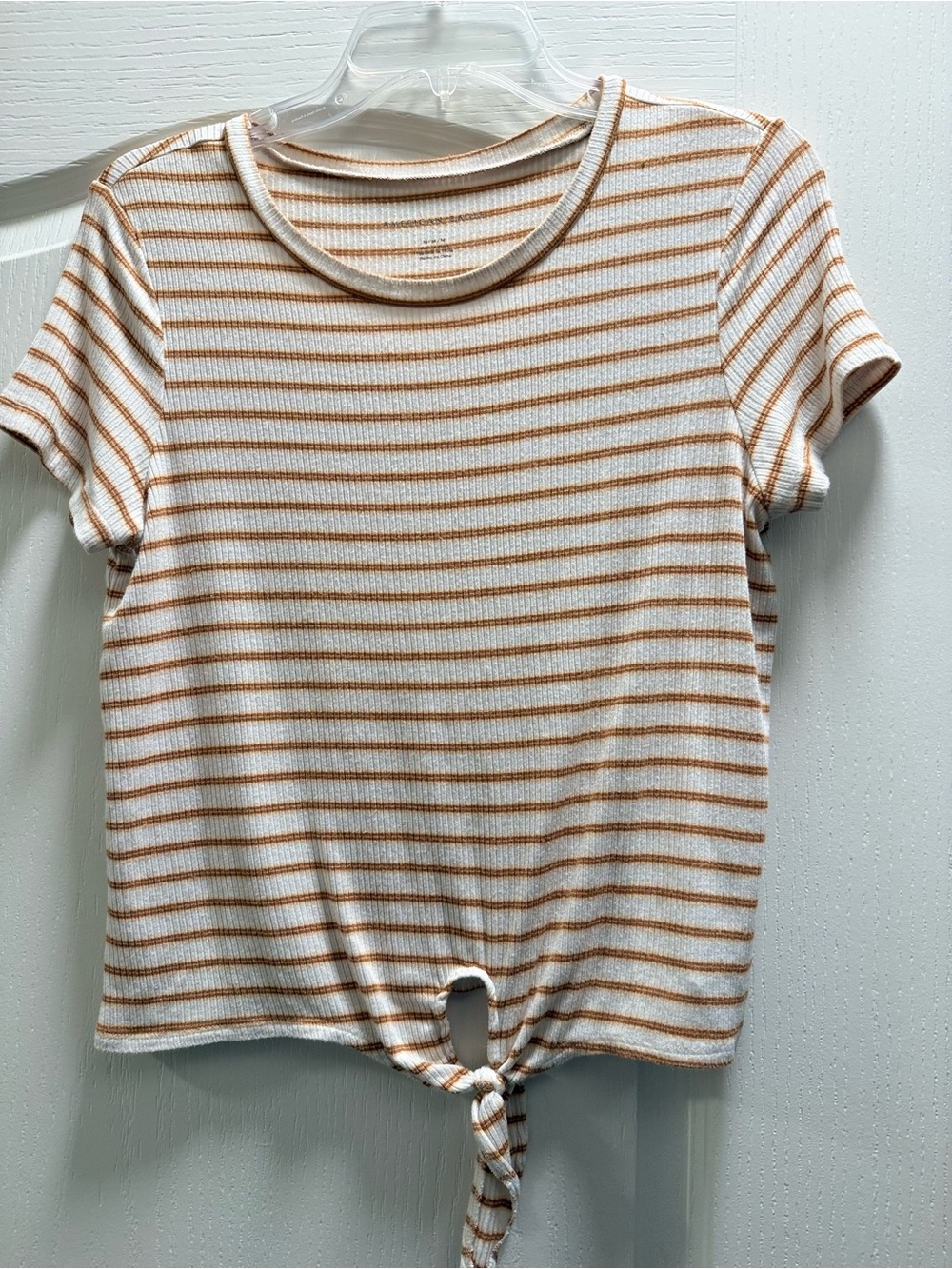 American Eagle Outfitters White & Tan Striped Tie-Front Crop Top